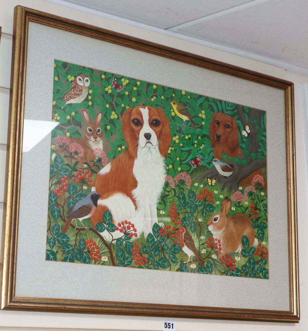 Sylvia Emmons, gouache, Spaniel, rabbits and birds, signed, 35 x 51cm